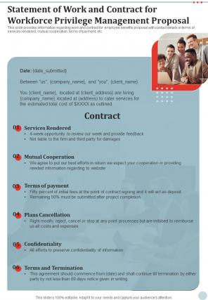 Statement Of Work And Contract For Workforce Privilege Management One Pager Sample Example Document