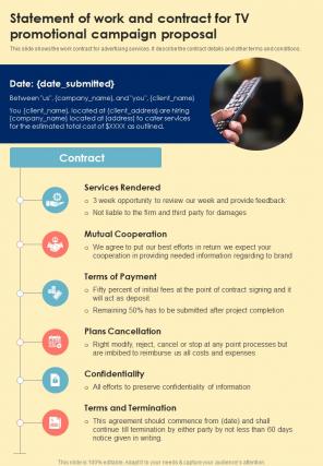 Statement Of Work And Contract TV Promotional Campaign One Pager Sample Example Document