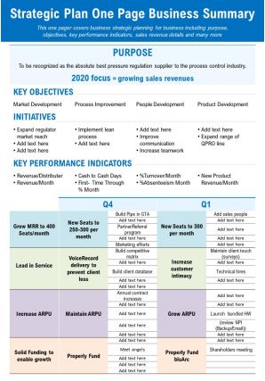Strategic plan one page business summary presentation report infographic ppt pdf document
