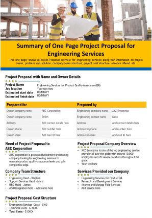 Summary of one page project proposal for engineering services presentation report ppt pdf document