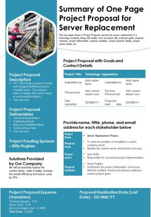 Summary of one page project proposal for server replacement presentation report ppt pdf document
