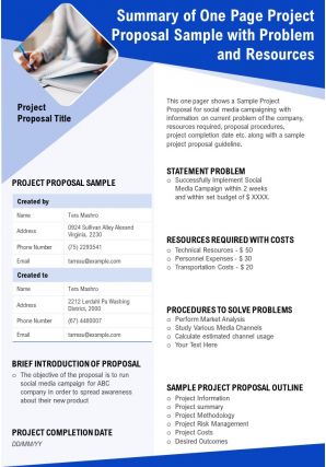 Summary of one page project proposal sample with problem and resources report ppt pdf document