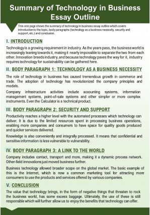 Summary of technology in business essay outline presentation report infographic ppt pdf document