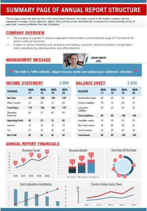 Summary page of annual report structure presentation report infographic ppt pdf document