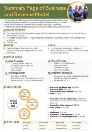 Summary page of business and revenue model presentation report infographic ppt pdf document