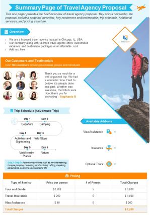 Summary page of travel agency proposal presentation report infographic ppt pdf document