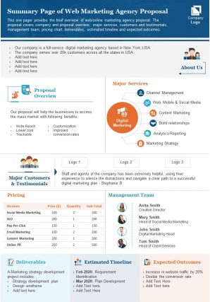 Summary page of web marketing agency proposal presentation report infographic ppt pdf document