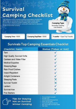 Survival camping checklist presentation report infographic ppt pdf document