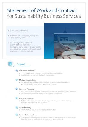 Sustainability Business Services For Statement Of Work And Contract One Pager Sample Example Document