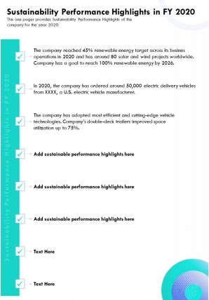 Sustainability performance highlights in fy 2020 presentation report infographic ppt pdf document