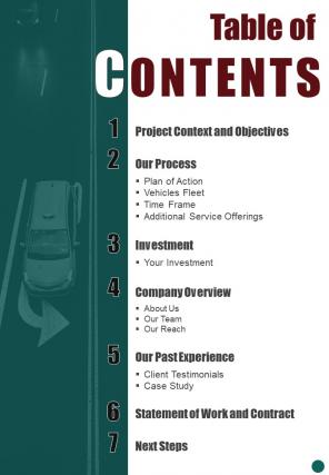 Table Of Business Proposal For Transport Company One Pager Sample Example Document