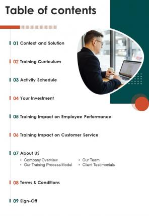 Table Of Contents Call Center Agent Training Proposal One Pager Sample Example Document