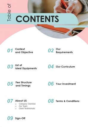 Table Of Contents Child Development Center Business Proposal One Pager Sample Example Document