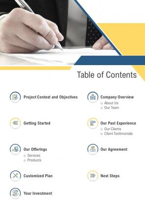 Table Of Contents Cleaning Services Proposals One Pager Sample Example Document