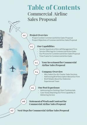 Table Of Contents Commercial Airline Sales Proposal One Pager Sample Example Document