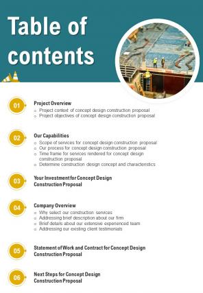 Table Of Contents Concept Design Construction Proposal One Pager Sample Example Document