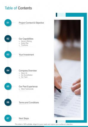 Table Of Contents Corporate Staffing Proposal One Pager Sample Example Document