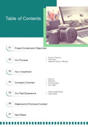 Table of Contents Corporate Video Production Proposal One pager sample example document