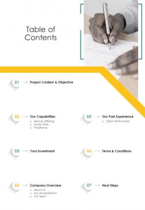 Table Of Contents Employee Hiring Proposal One Pager Sample Example Document