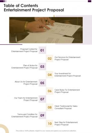 Table Of Contents Entertainment Project Proposal One Pager Sample Example Document