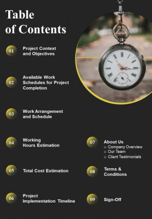 Table Of Contents Flexible Working Schedule Proposal One Pager Sample Example Document