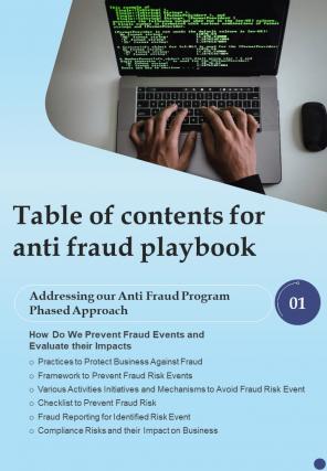 Table Of Contents For Anti Fraud Playbooks One Pager Sample Example Document
