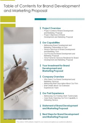 Table Of Contents For Brand Development And Marketing Proposal One Pager Sample Example Document