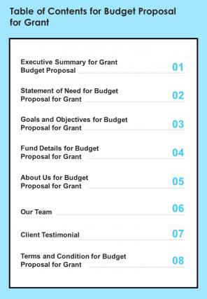 Table Of Contents For Budget Proposal For Grant One Pager Sample Example Document