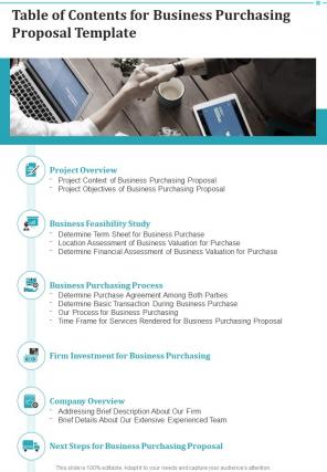 Table Of Contents For Business Purchasing Proposal Template One Pager Sample Example Document