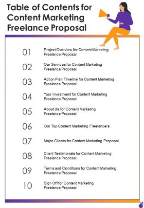 Table Of Contents For Content Marketing Freelance Proposal One Pager Sample Example Document