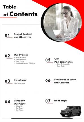 Table Of Contents For Corporate Cab Proposal One Pager Sample Example Document