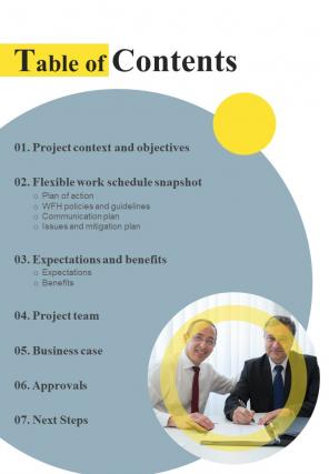 Table Of Contents For Flexible Work Timings One Pager Sample Example Document