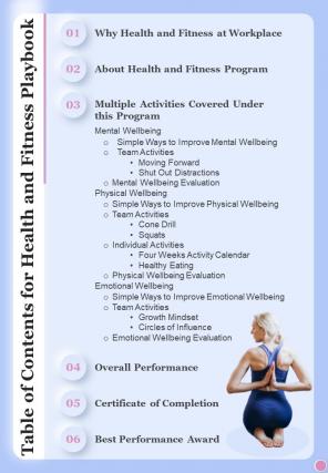 Table Of Contents For Health And Fitness One Pager Sample Example Document
