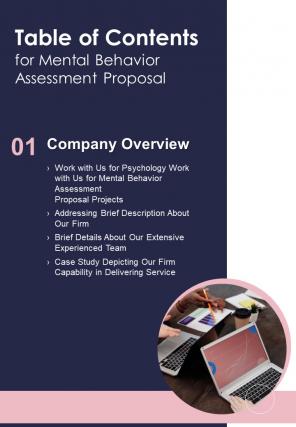 Table Of Contents For Mental Behavior Assessment Proposal One Pager Sample Example Document