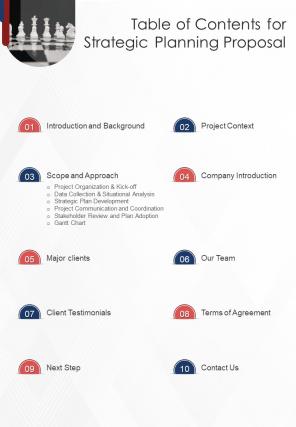 Table Of Contents For Strategic Planning Proposal One Pager Sample Example Document