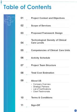 Table Of Contents Healthcare Proposal One Pager Sample Example Document