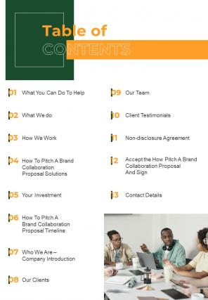 Table Of Contents How To Pitch A Brand Collaboration Proposal One Pager Sample Example Document