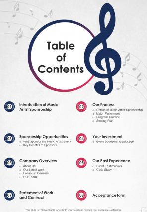 Table Of Contents Music Artist Sponsorship One Pager Sample Example Document