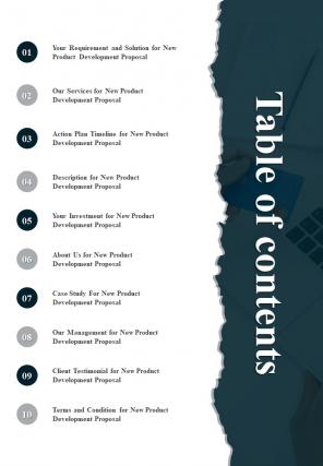 Table Of Contents New Product Development Proposal One Pager Sample Example Document