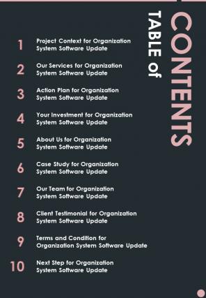 Table Of Contents Organization System Software Update One Pager Sample Example Document