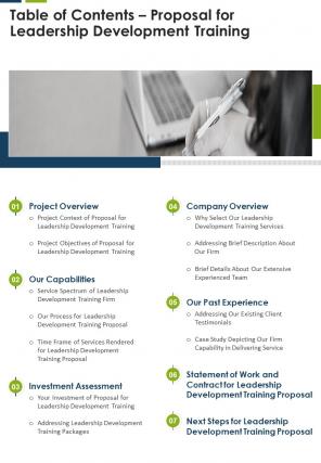 Table Of Contents Proposal For Leadership Development Training One Pager Sample Example Document