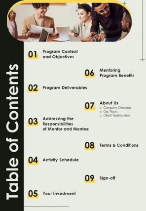 Table Of Contents Proposal For Mentoring Program One Pager Sample Example Document