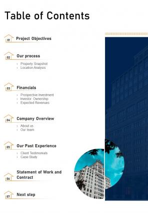 Table Of Contents Real Estate Investment Proposal Presentation One Pager Sample Example Document