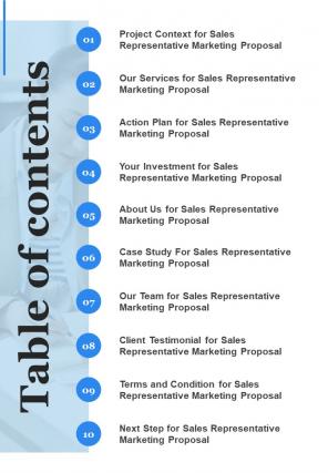 Table Of Contents Sales Representative Marketing Proposal One Pager Sample Example Document