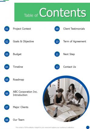 Table Of Contents Startup Funding Proposal Sample One Pager Sample Example Document