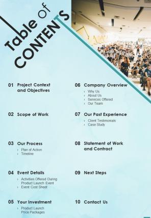 Table Of Contents Successful Product Launch Event Planning One Pager Sample Example Document