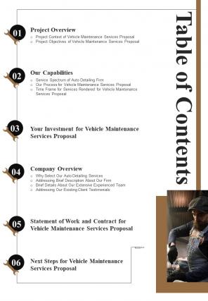 Table Of Contents Vehicle Maintenance Services Proposal One Pager Sample Example Document