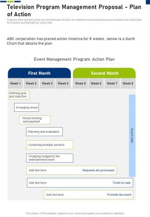 Television Program Management Proposal Plan Of Action One Pager Sample Example Document