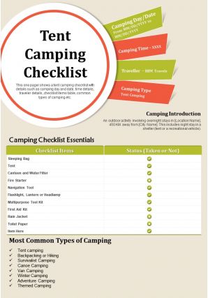 Tent camping checklist presentation report infographic ppt pdf document
