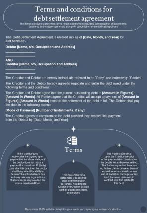Terms And Conditions For Debt Settlement Agreement One Pager Sample Example Document
